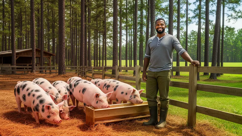A smiling pig farmer leaning on a wooden fence beside spotted pigs at a feed trough under tall pines.